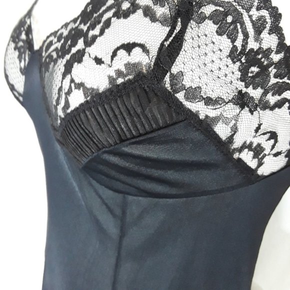 Lace Pleated Trim Solid Black Chantilly Slip M - Picture 6 of 10